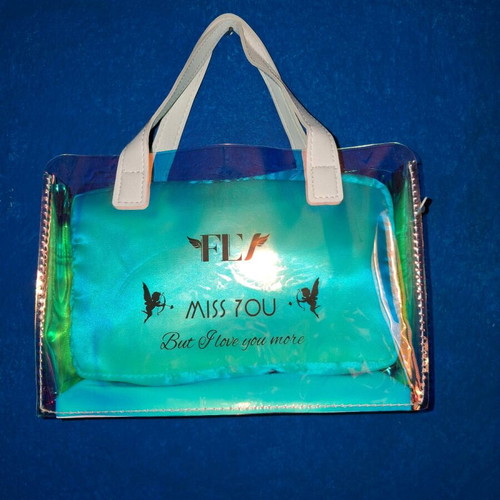 Transparent handbag with iridescent shades and removable inner pouch new