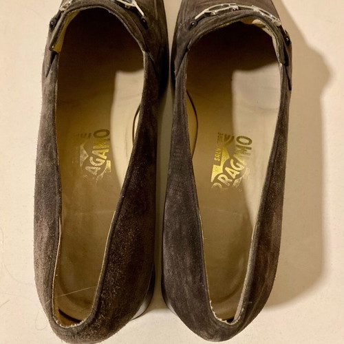 Salvatore Ferragamo gray moccasins like new with silver buckle
