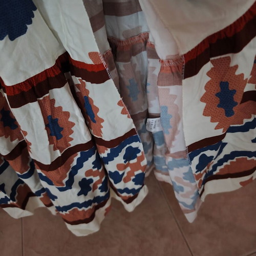 Shoko long summer dress with archaeological pattern, beige and blue