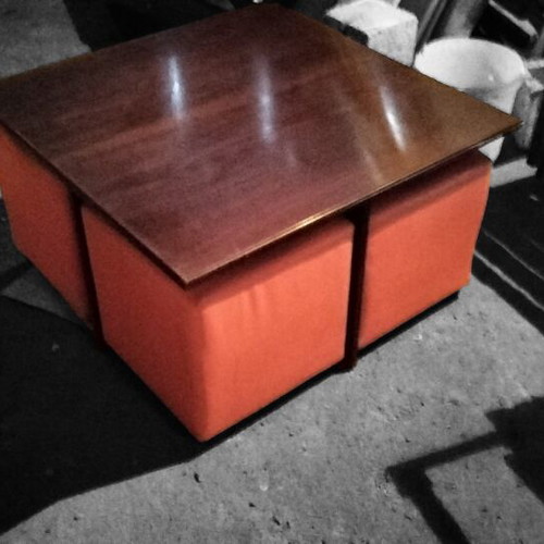 Tables with hidden poufs like new, handmade with glass top