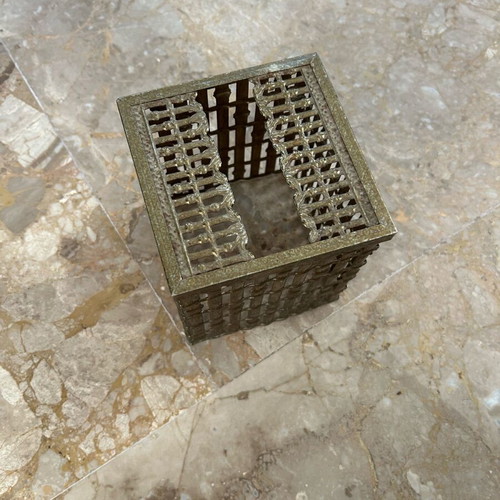 Tissue box holder used, metal, gold, stainless steel, vintage