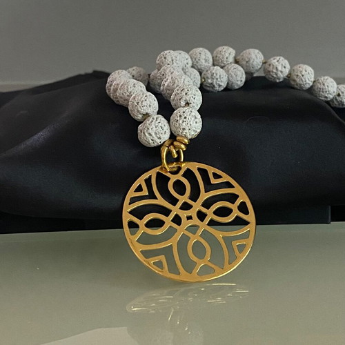 Handmade necklace with lava semi-precious stones and steel motif gray and gold