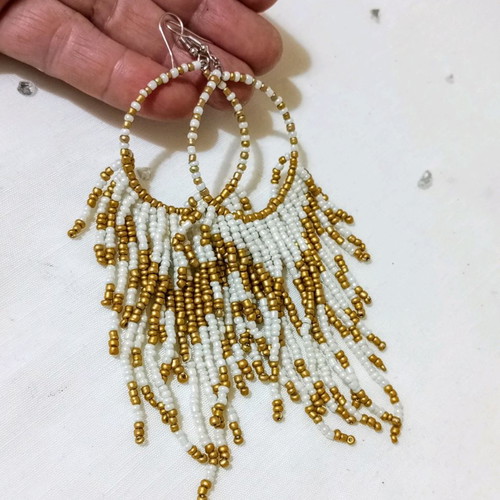Long boho earrings new with white and gold beads