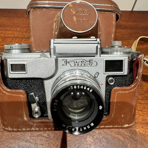Kiev camera with Jupiter-8M 50mm f/2 lens used, vintage with leather case