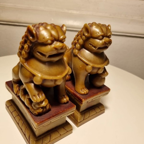 Pair of carved 1950s soapstone Foo Dogs used