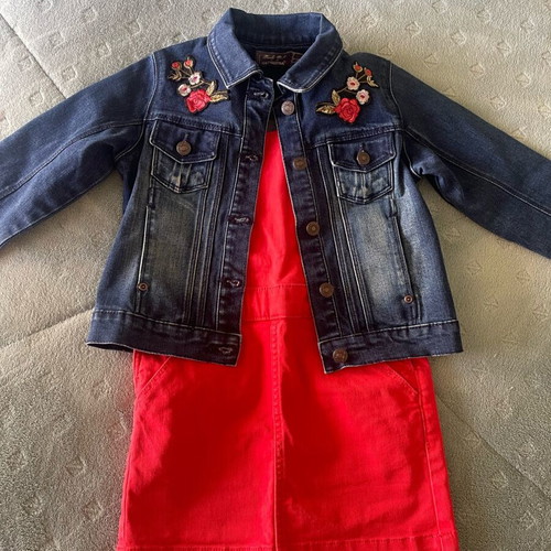 Children's clothing set like new, coral dress and embroidered denim jacket