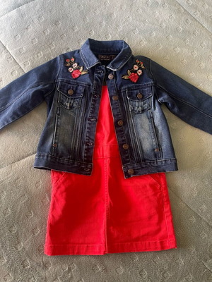 Children's clothing set like new, coral dress and embroidered denim jacket
