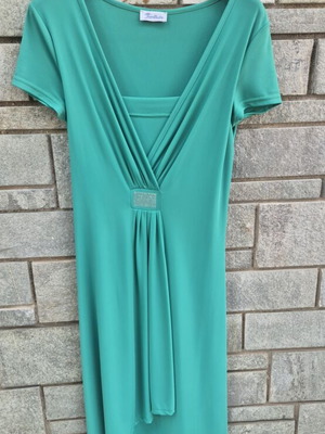 Women's mint green dress with V-neck and rhinestone buckle
