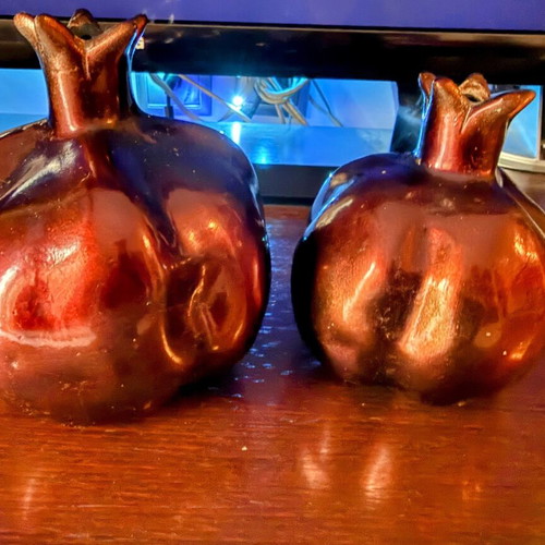 Set of 2 decorative pomegranates burgundy with metallic color like new
