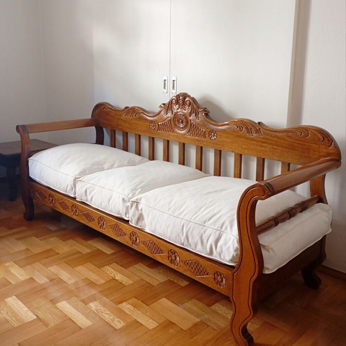 Skyrian three-seater sofa with two side tables new, handmade wood