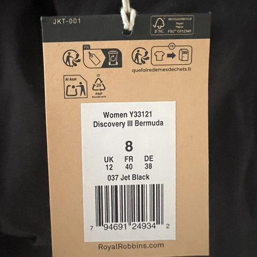 Royal Robbins Discovery III Bermuda women's shorts, black, size 8