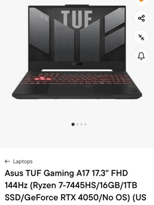 Asus TUF Gaming A17 17,3" FHD 144Hz φορητός υπολογιστής Ryzen 7 16GB 1TB SSD RTX 4050