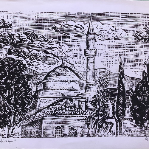 Unique woodcut 'Landscape at the Castle' Aslan Mosque new 50x35cm
