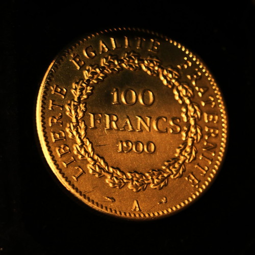 Case with 24K gold-plated 100 Francs French coin new, year 1900