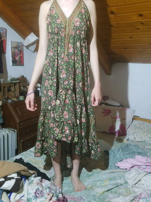 Silk boho hippie dress new, size S, red and green