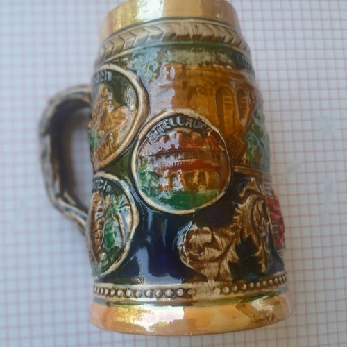 Vintage ceramic beer mug with embossed Luxembourg scenes, like new