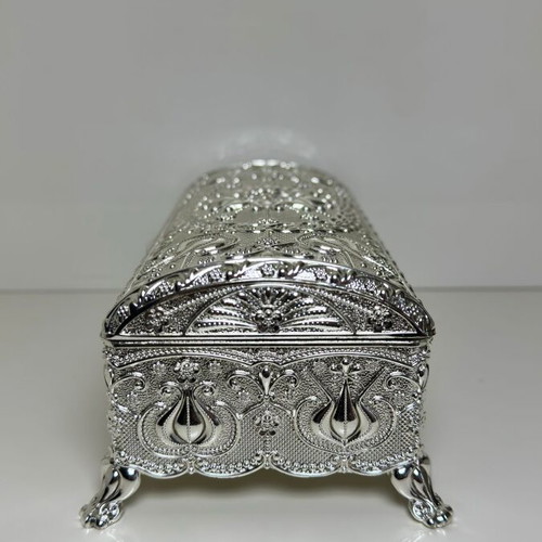 Metallic Ornate Jewelry Box with Oriental Embossed Design and Velvet Lining