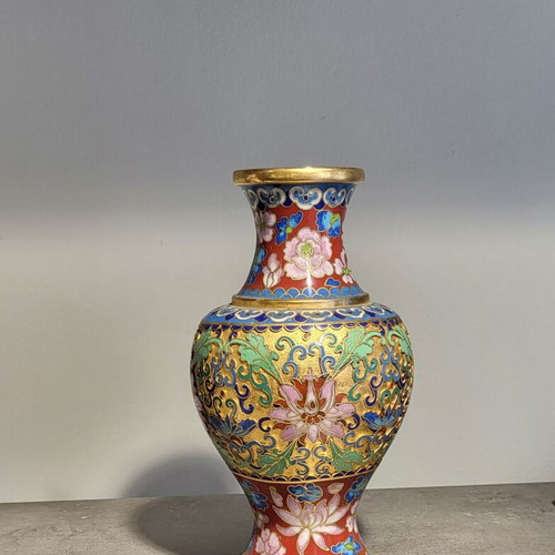 Handmade Cloisonne Vase like new with bronze floral designs