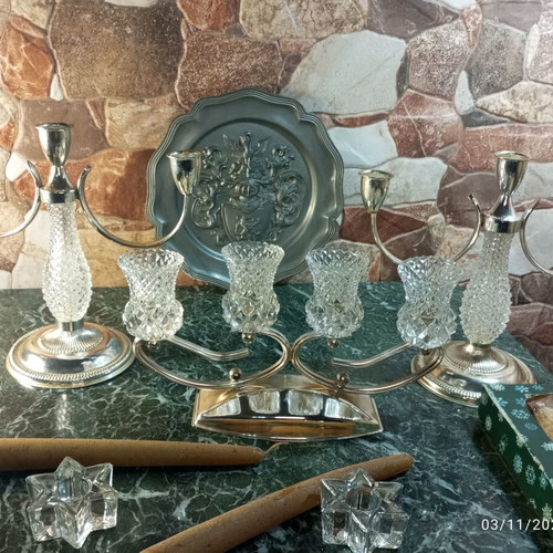 Vintage Silver Plate and Crystal Candle Holder Set of 5 NOS