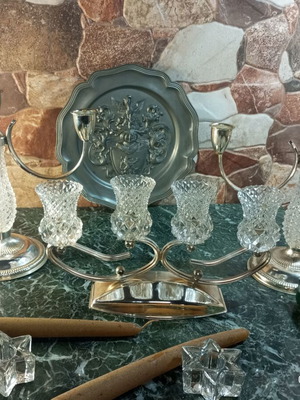 Vintage Silver Plate and Crystal Candle Holder Set of 5 NOS