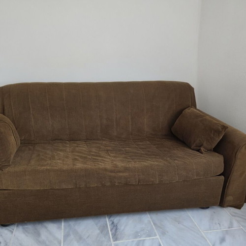 Sofa bed double 200×190 cm used, brown color with 2 cushions