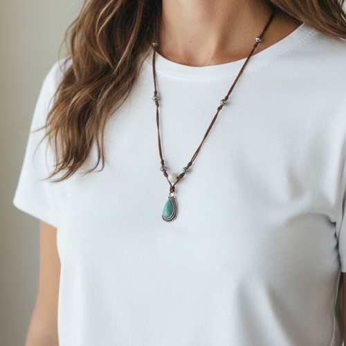 Macrame necklace with turquoise chalcedony new brown