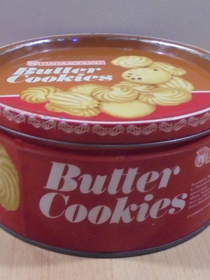 Papadopoulos Butter Cookies old promotional metal tin used, empty