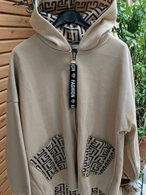 Coat jacket new one size with hood beige color and meander pattern