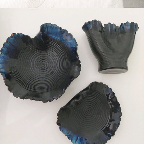 Set of 3 used clay decorative items with porcelain, blue-light blue-black