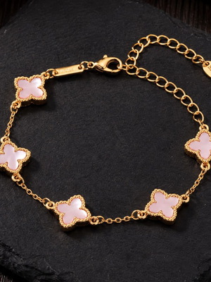 Gold bracelet with pink clover flowers, Exis Jewellery