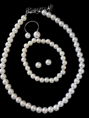 Jewelry set 4pcs stainless steel with pearls and adjustable ring new