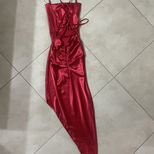 Marmalady satin long red dress with slit, size S