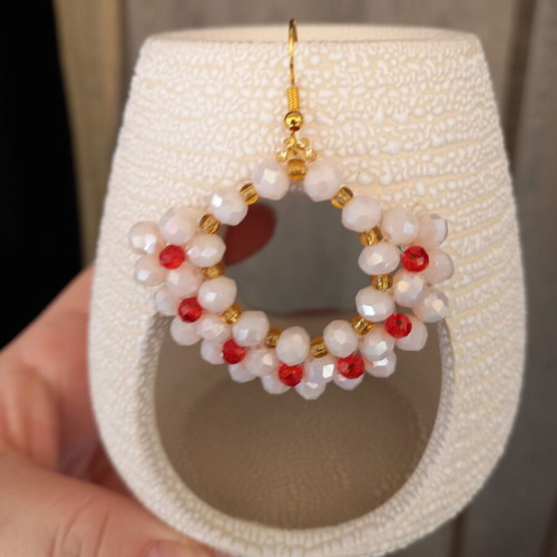 Handmade earrings with champagne flowers and red polyhedral beads