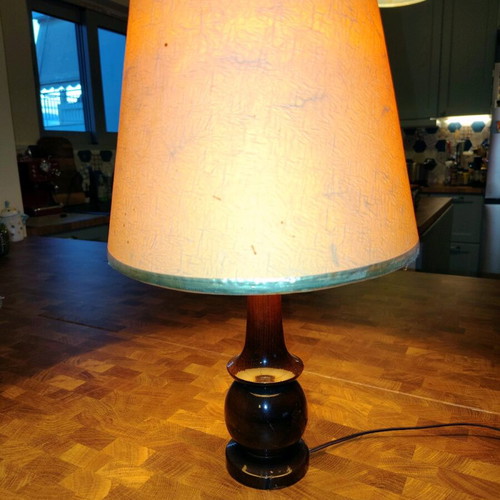 Wooden lamp with warm-colored shade like new