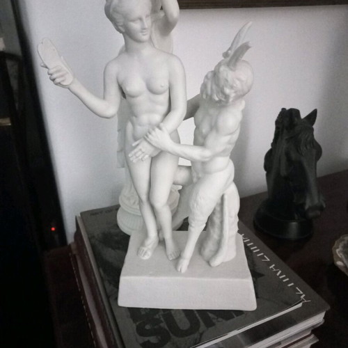 Bisque porcelain statue with satyr theme like new, height 35cm