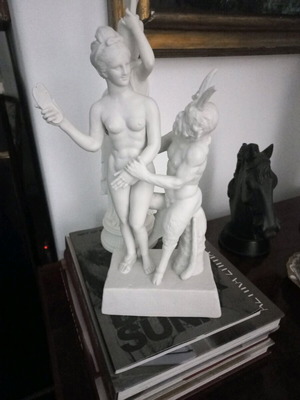Bisque porcelain statue with satyr theme like new, height 35cm