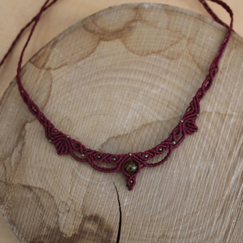 Macrame necklace handmade burgundy with semi-precious stone and bronze beads new