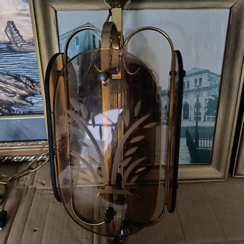 Vintage ceiling light with brass frame and patterned glass