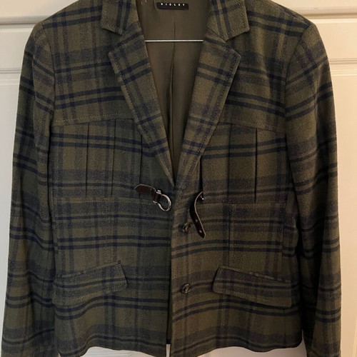 Sisley checked mid-length jacket used, olive and blue, wool