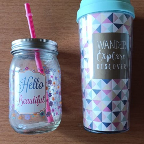 Drinkware set Mason jar Hello Beautiful and travel cup Wander Explore Discover like new