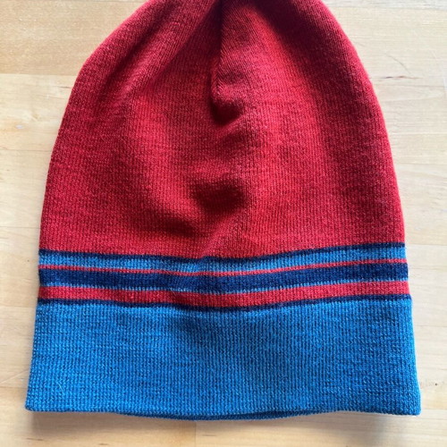 Wool knit cap used, red and blue, size S