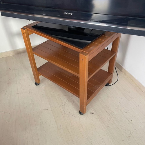Rolling TV stand used, 60 cm width x 40 cm depth, three shelves