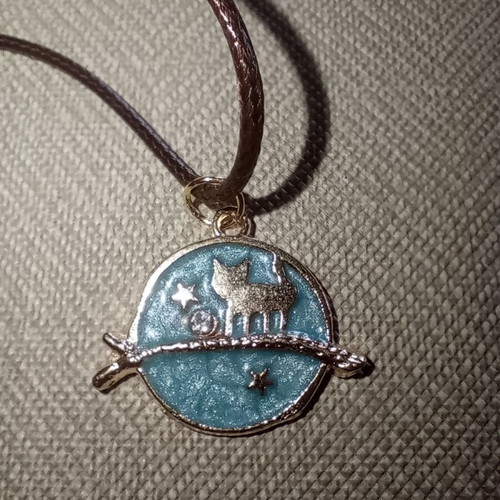 Metal pendant with cat new, turquoise and gold color