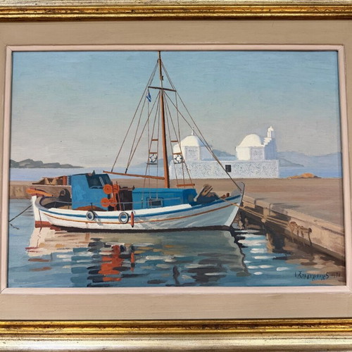 Oil painting by I. Sergoulopoulos used, framed, Aegina - Agios Nikolaos harbor