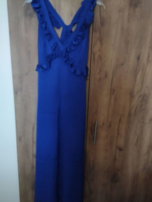 MY T long blue dress used, cross back with buttons and ruffles, size S