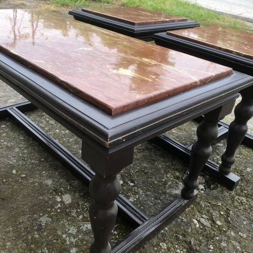 Coffee table set used, 3 pieces, walnut wood and Ritsonas marble