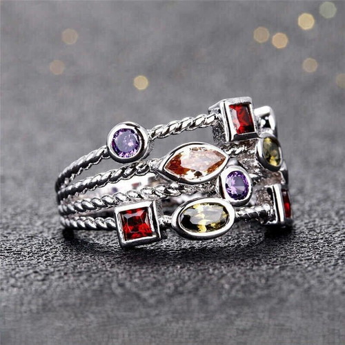 Women's multicolor ring new, silver with moonstone and crystal