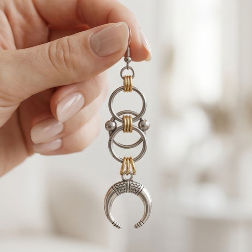 Steel earrings with gold-silver bicolor and crescent moon design