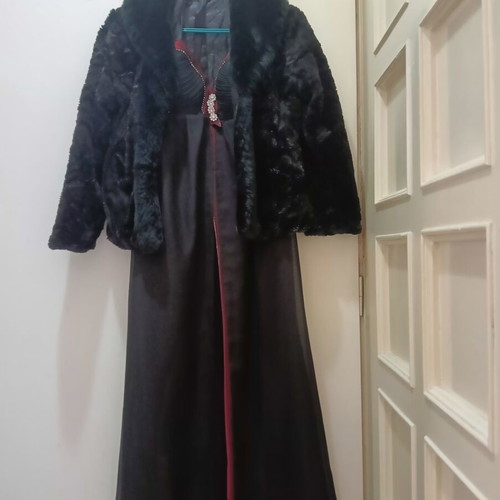 Women's handmade dress with short coat, velvet scarf and bag, black and red, S-M