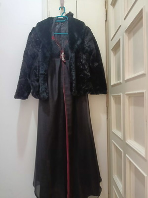 Women's handmade dress with short coat, velvet scarf and bag, black and red, S-M